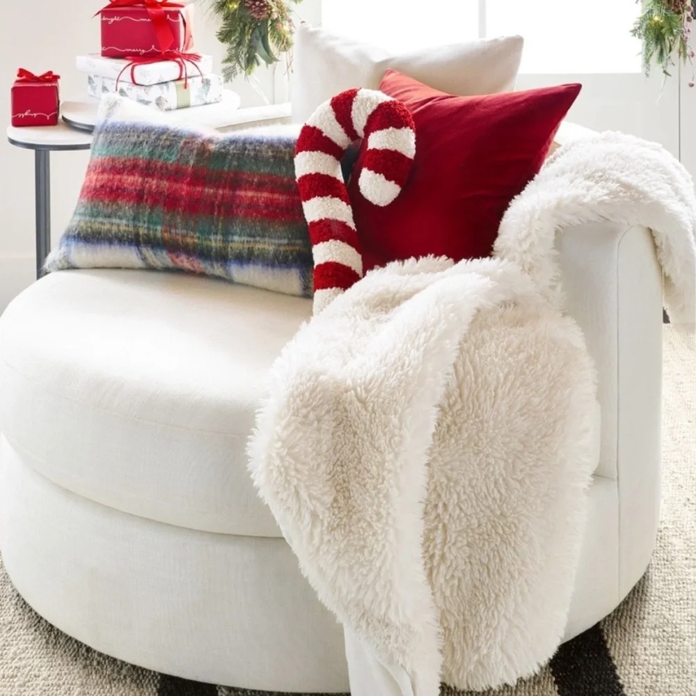 Pottery barn cozy teddy candy cane throw pillow excellent condition like new